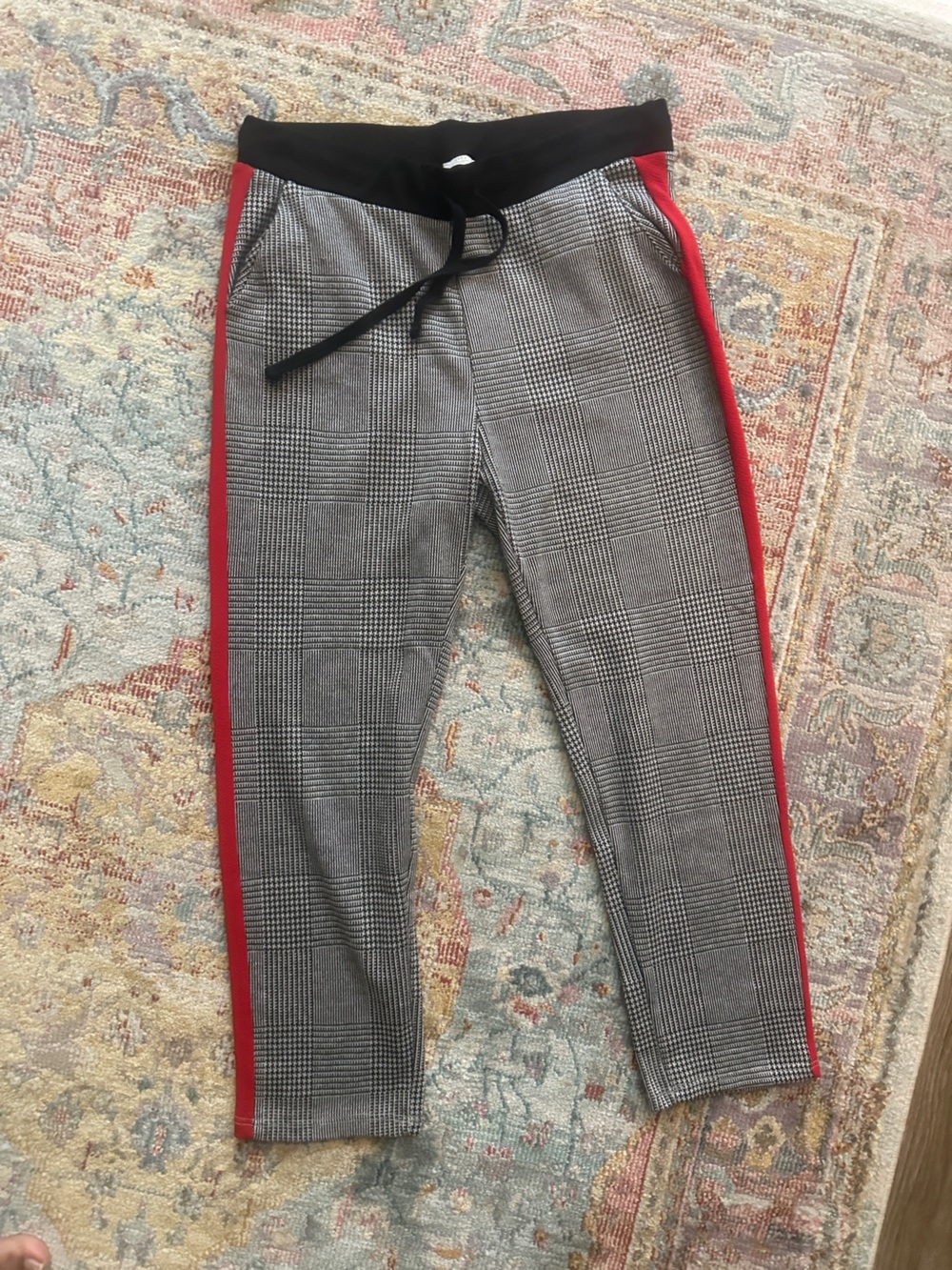 Zara Gray Glen Plaid Jogger Pants with Red Side Stripes